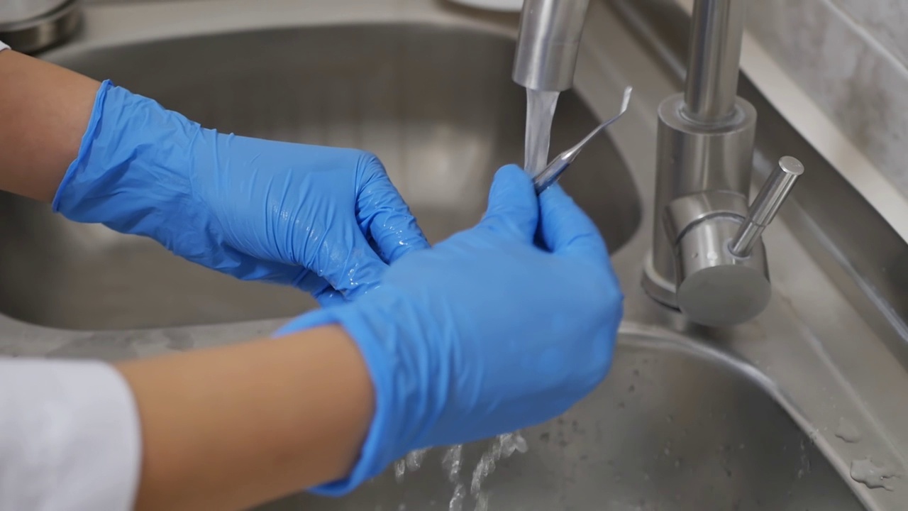 消毒:用含肥皂的海绵和水槽中水龙头的流水对牙科器械进行消毒的过程戴着蓝色手套的牙科助手的手正在清洗牙医的工作工具视频素材
