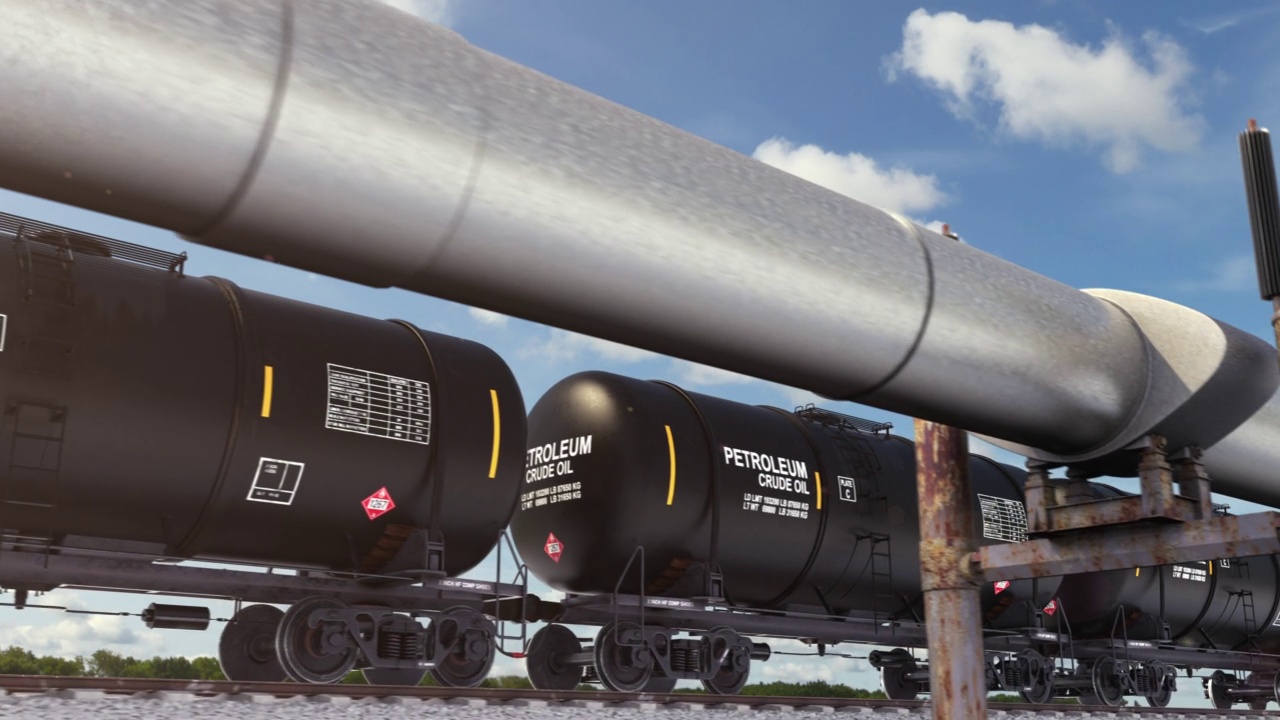 燃料和能源供应通过天然气管道和铁路货运列车循环视频素材
