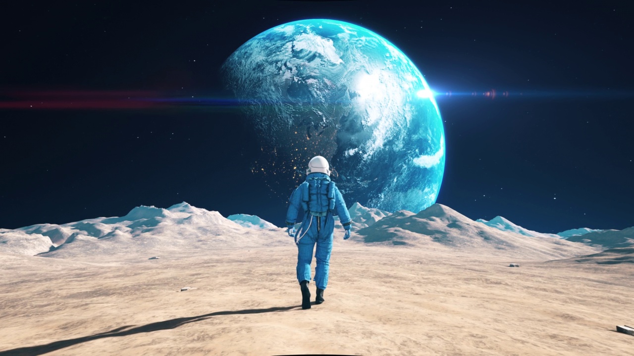 宇航员在月球上慢动作行走。蓝色星球地球可见。视频下载