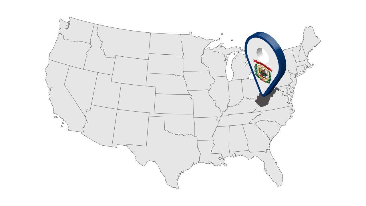 位置美国地图上的西弗吉尼亚州。三维西维吉尼亚州旗帜地图标记定位销。显示不同州的美国地图。动画地图美国各州。4 k。视频视频素材