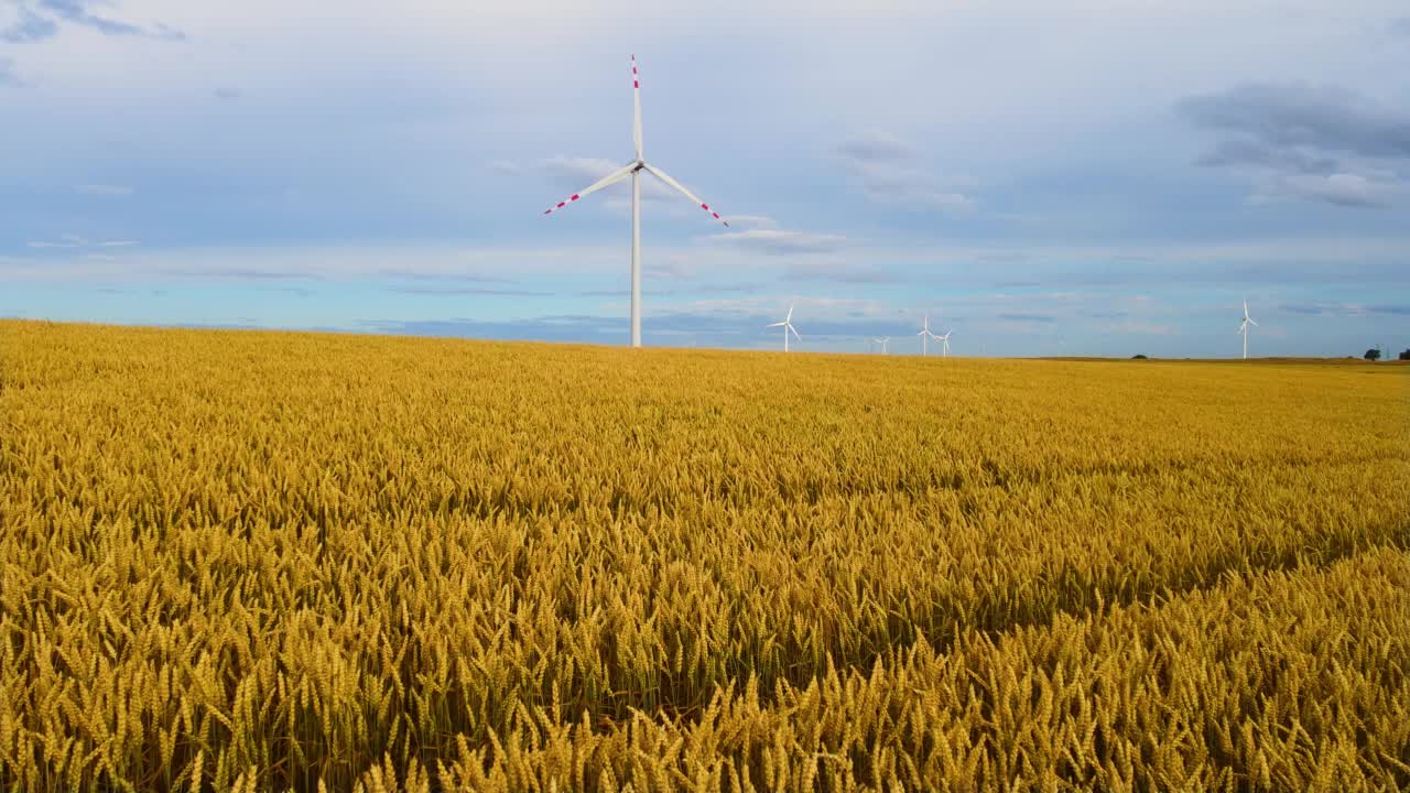 鸟瞰图:矗立在农田中的风力涡轮机正在产生清洁的可再生能源视频素材