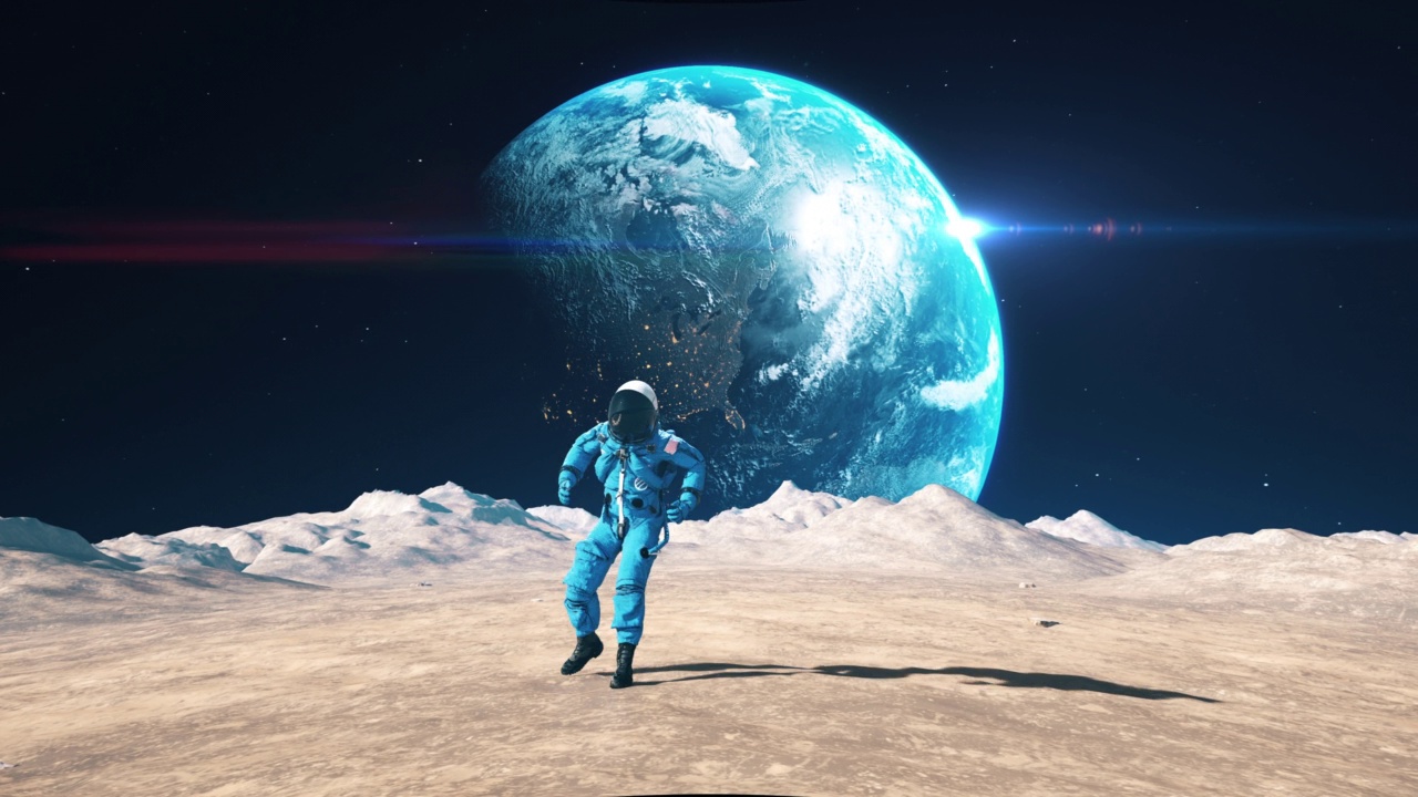 疯狂的宇航员在月球表面跳舞。庆祝他的成功。缓慢的运动。视频下载