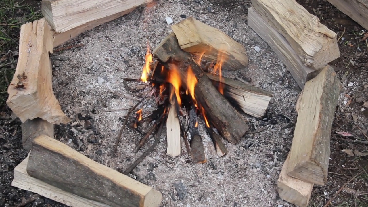 一堆小篝火和一些新木头在火的周围视频下载
