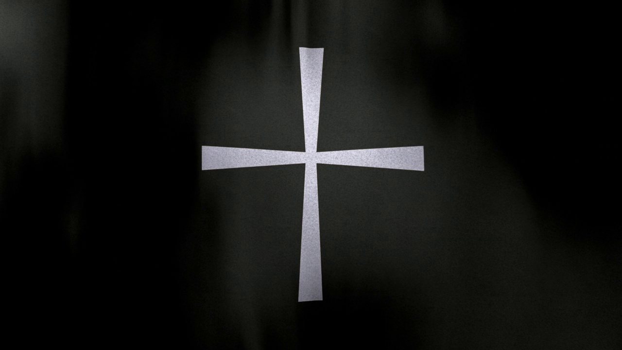 圆形全帧挥舞旗帜的拜占庭基督教十字架在黑色背景视频下载