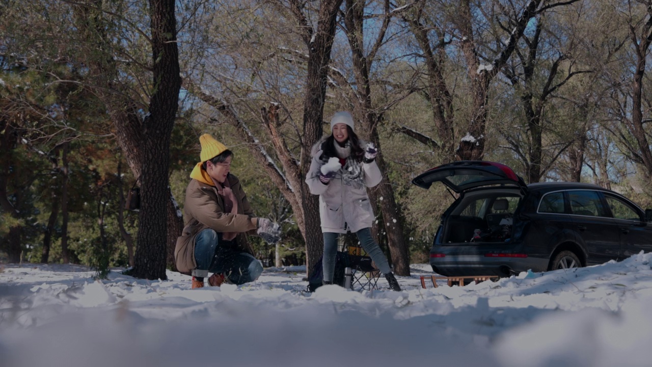 快乐的情侣在雪地里玩耍视频素材