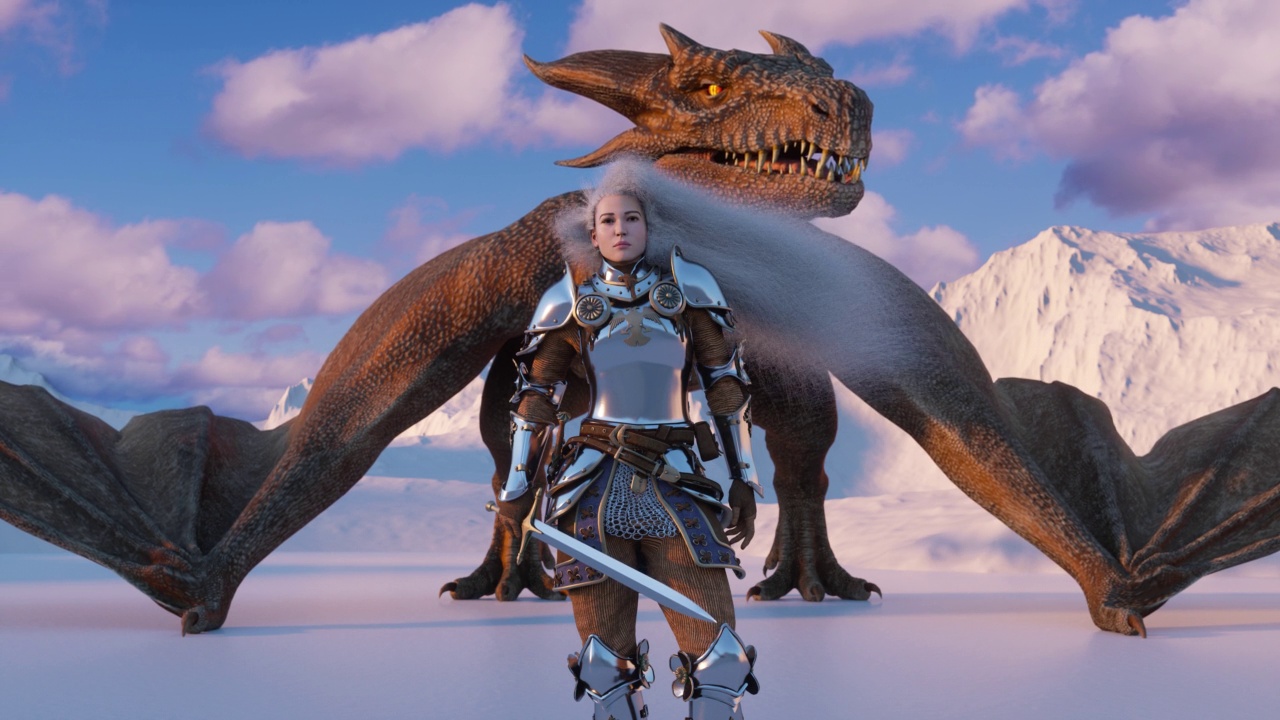 白发苍苍的女武士手持出鞘的剑，身后是一条龙，背景是雪山。视频素材