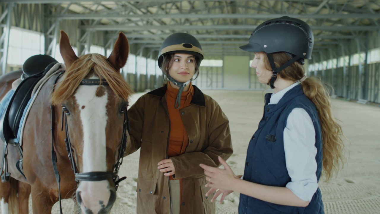 女人抚摸马和与女教练交谈视频素材