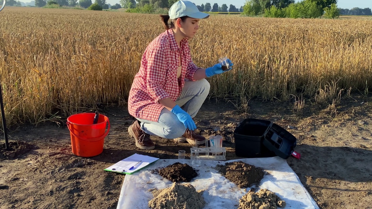 日出时在田间进行土壤鉴定的女农学家视频素材