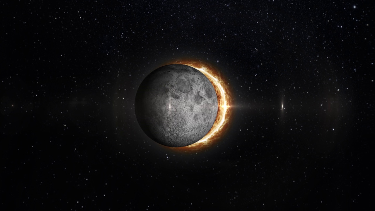 完整的日食。月球基本上覆盖了可见的太阳，形成了一个火环。3 d画面视频下载