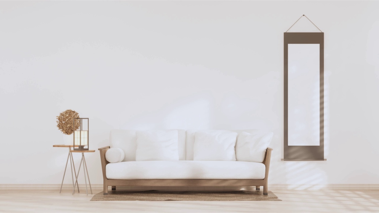 禅房室内木质墙壁上铺着榻榻米垫子，低矮的桌子和扶手椅。三维渲染视频下载