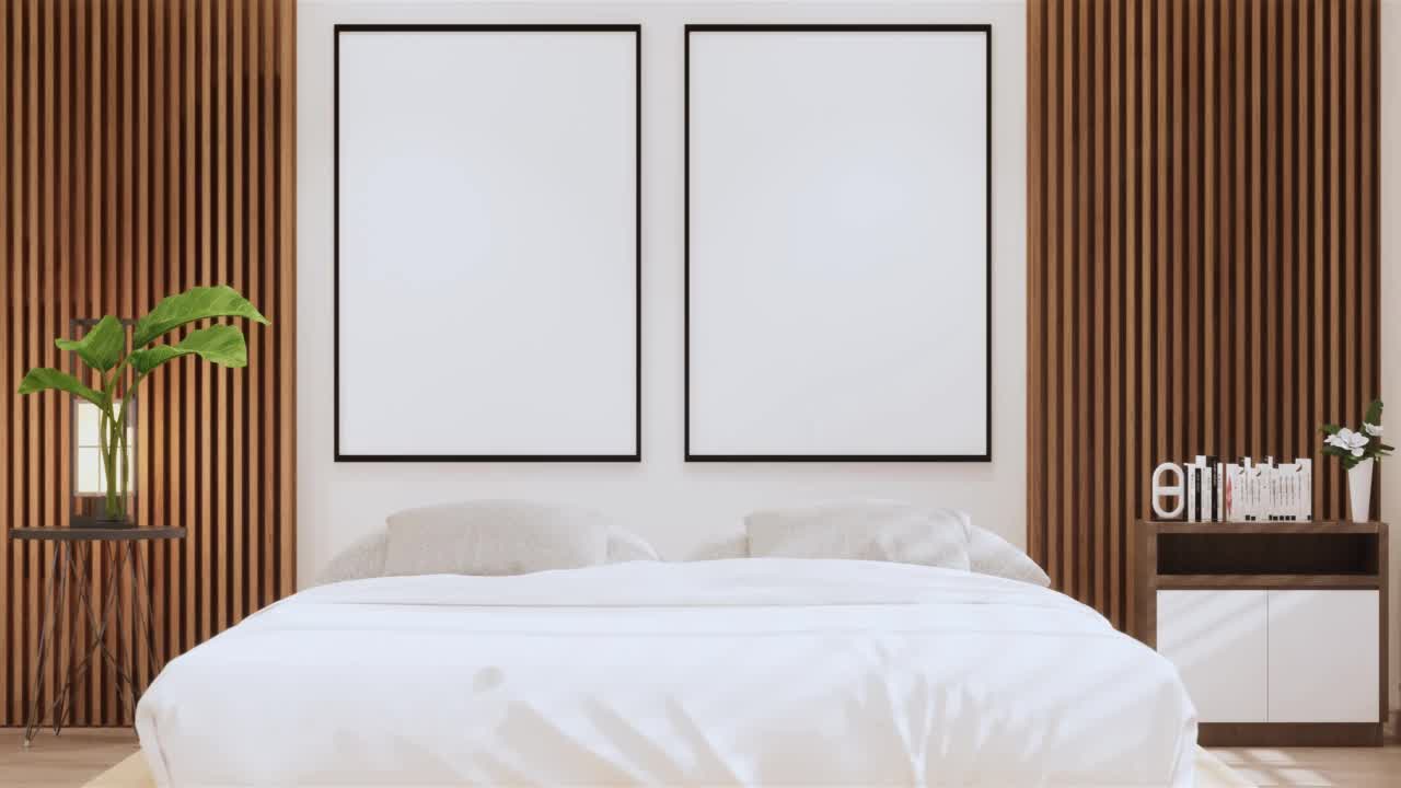 卧室日式简约风格。，现代白墙和木地板，房间极简主义。三维渲染视频下载