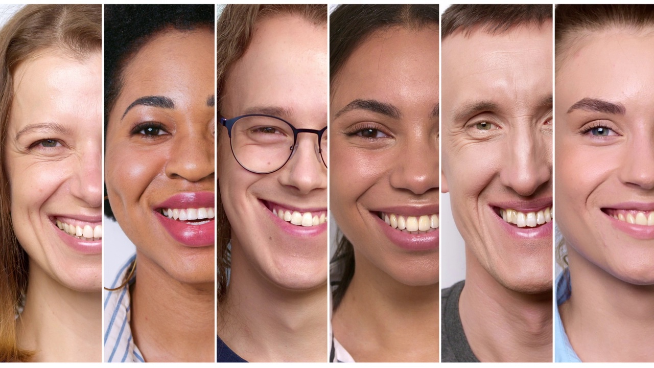多民族微笑的拼贴画。幸福的男人和女人的特写肖像。视频下载