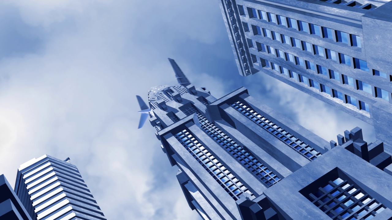 城市建筑的全景与飞机4K环路视频下载