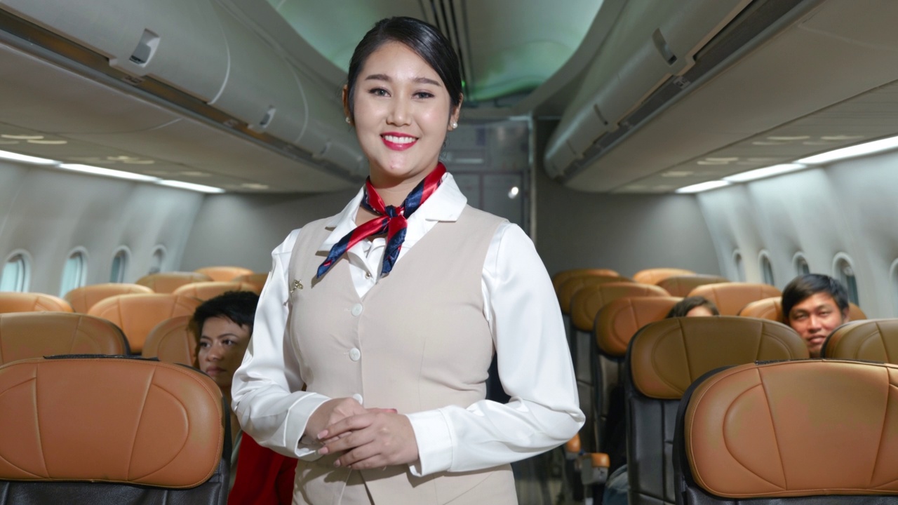 亚洲美女迷人空姐安全在制服站立双手在飞机上视频下载