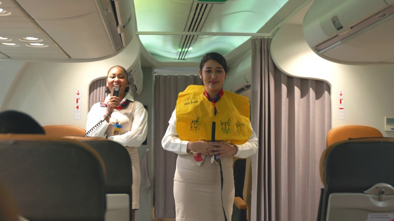 亚洲空姐在飞机起飞前向乘客讲解安全视频下载