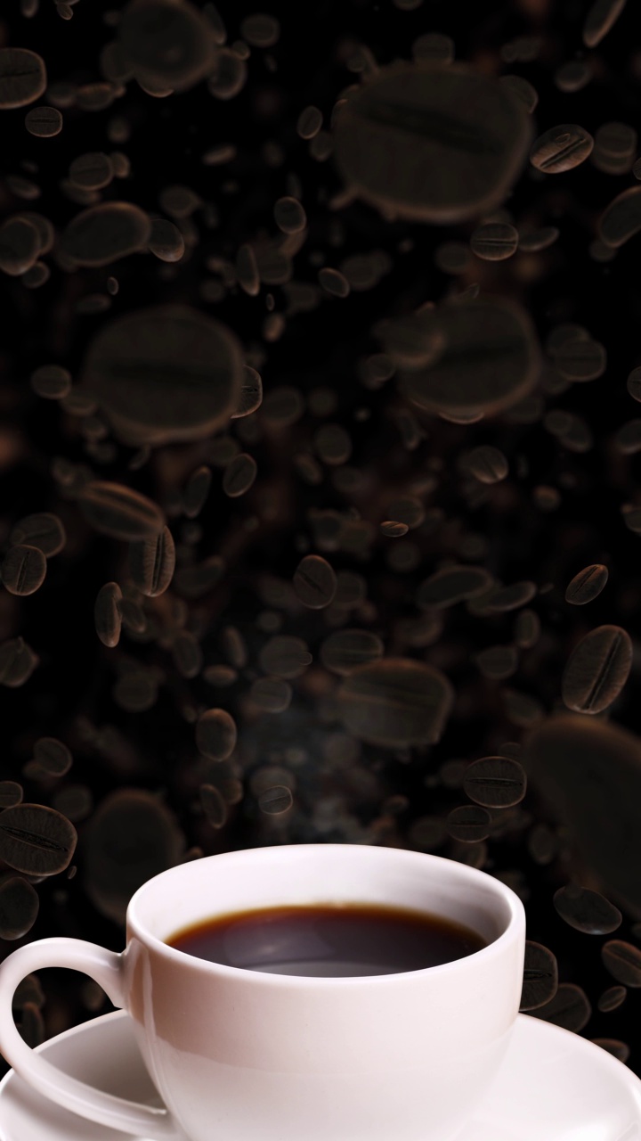咖啡豆动画和设计与热咖啡杯stok视频垂直屏幕- stok视频视频素材