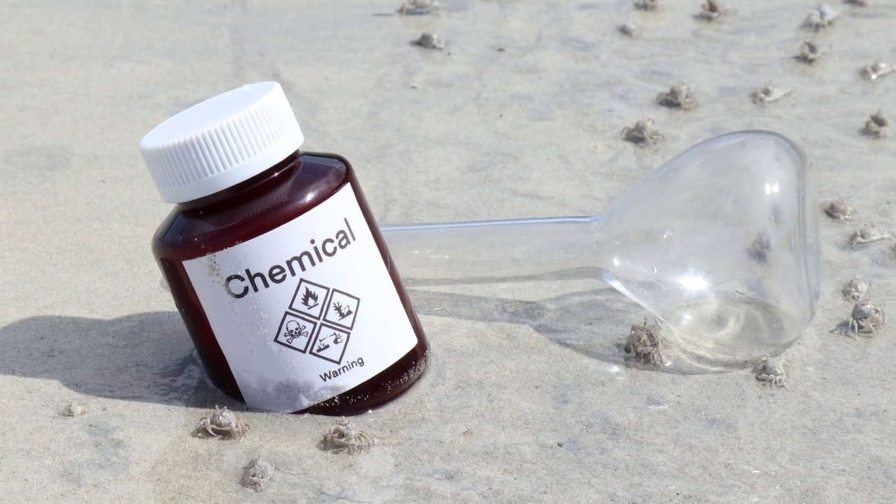 实验室的化学瓶子被丢弃在海滩上视频素材