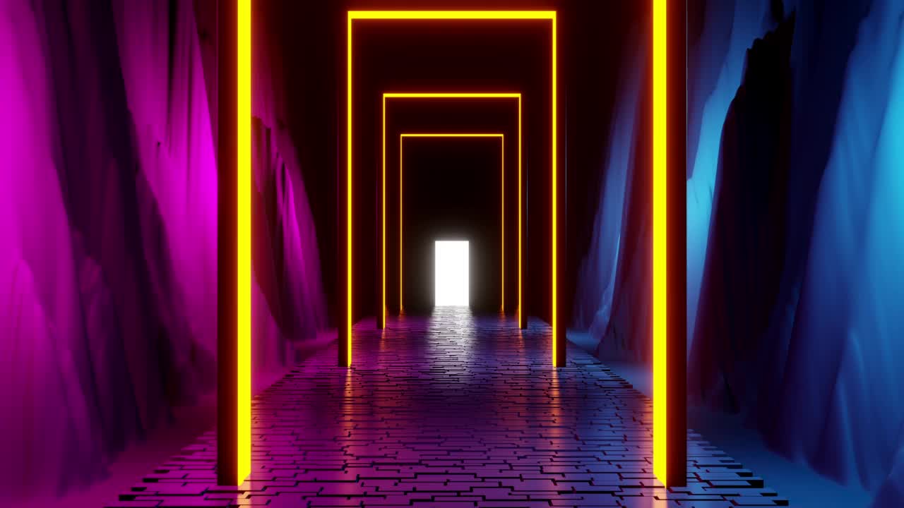 科幻鹅卵石走廊与霓虹灯拱门和自然浮雕的两侧与发光的门。视频素材