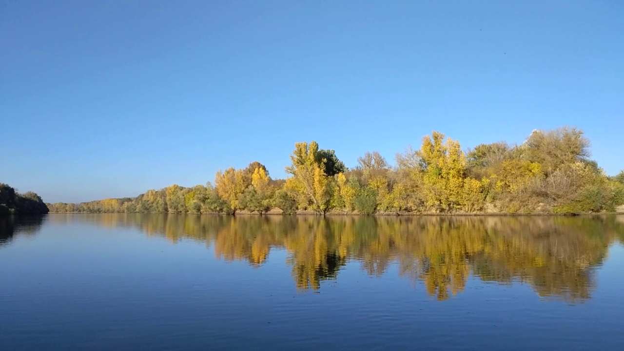 美丽的视频与平静的河流和树木繁茂的海岸视频素材