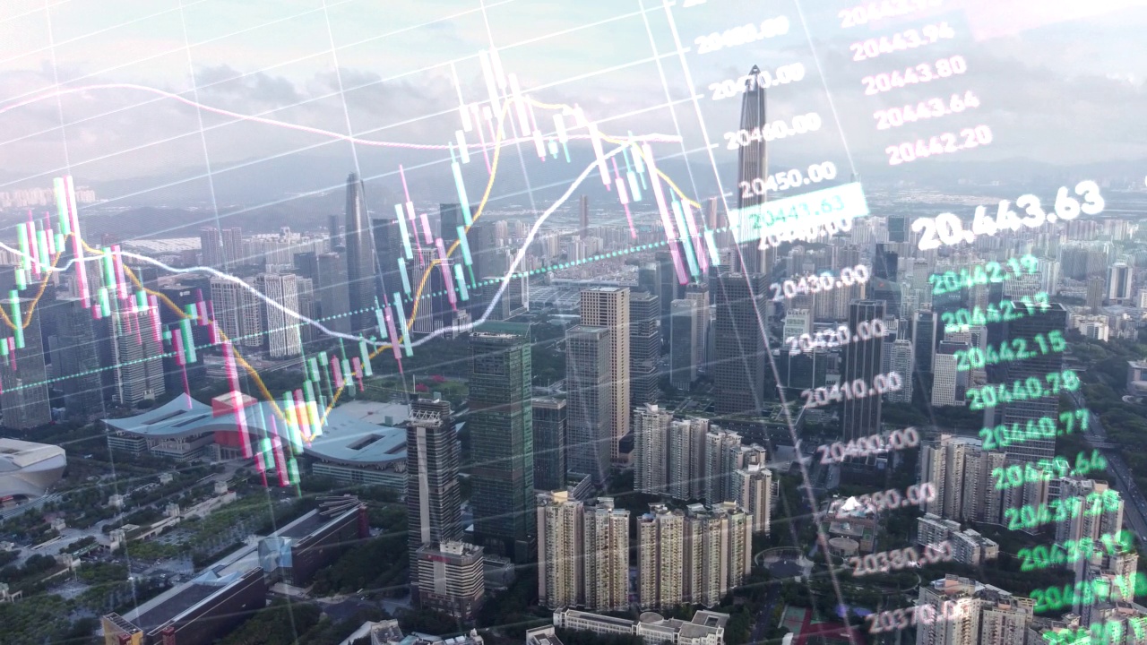 T/L无人机HA深圳城市景观延时与股市金融交易视频素材