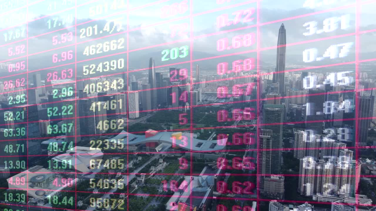T/L无人机HA深圳城市景观时间推移与股票市场金融交易视频素材