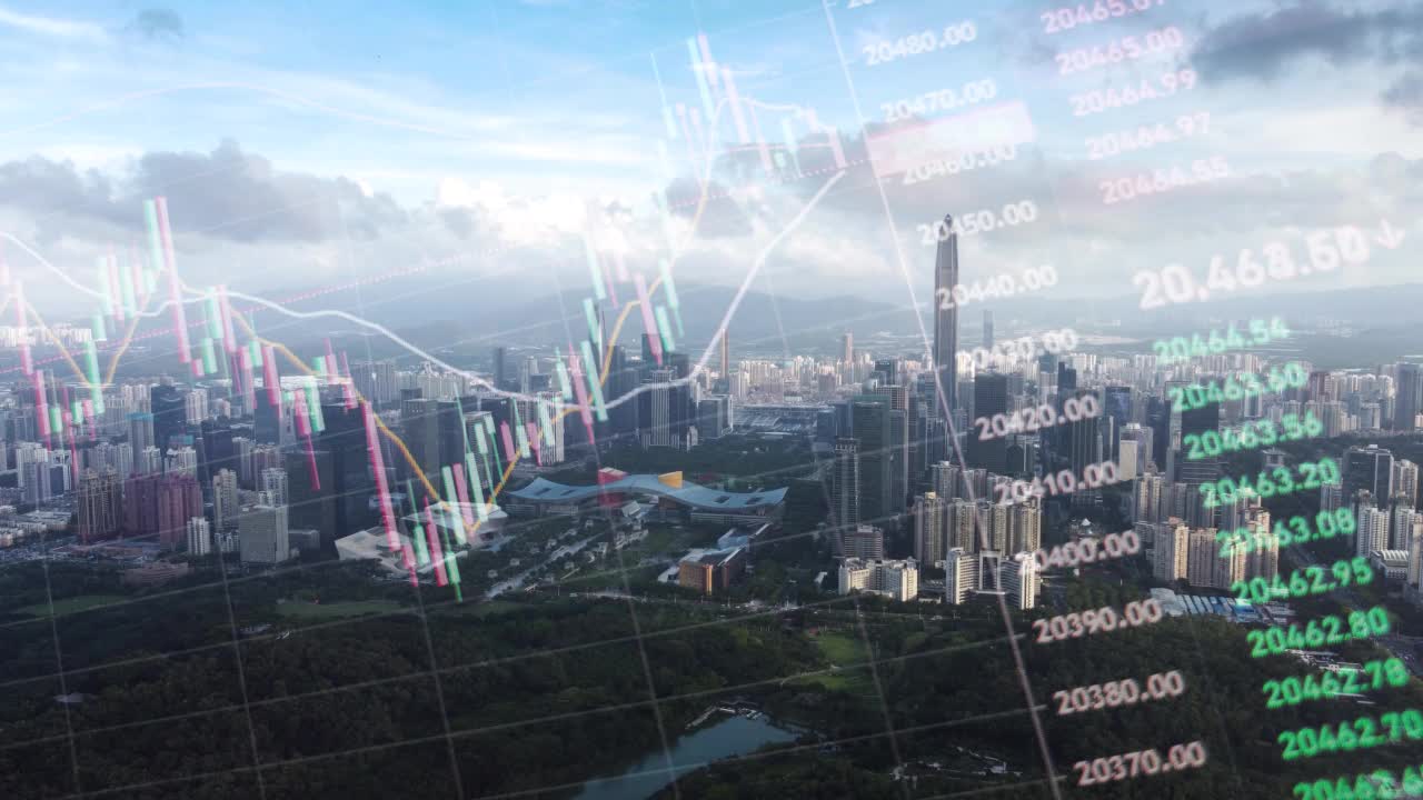T/L无人机HA深圳城市景观时间推移与股票市场金融交易视频素材