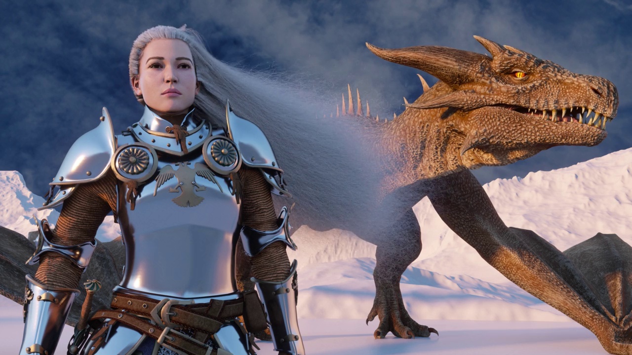 白发苍苍的女武士手持出鞘的剑，身后是一条龙，背景是雪山。视频素材