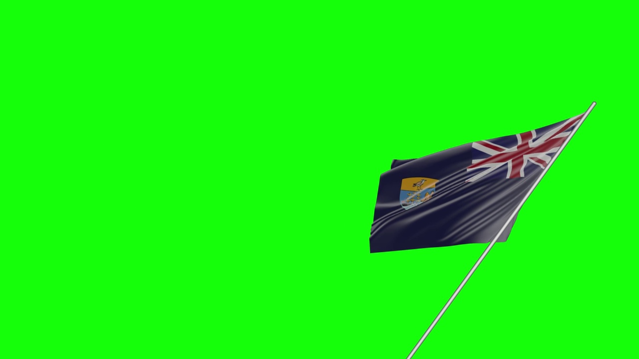 手持挥舞的圣赫勒拿岛旗帜与绿幕背景3d建模和动画循环- Cgi圣赫勒拿岛旗帜飘扬的绿幕背景旗帜Chroma Keying视频下载