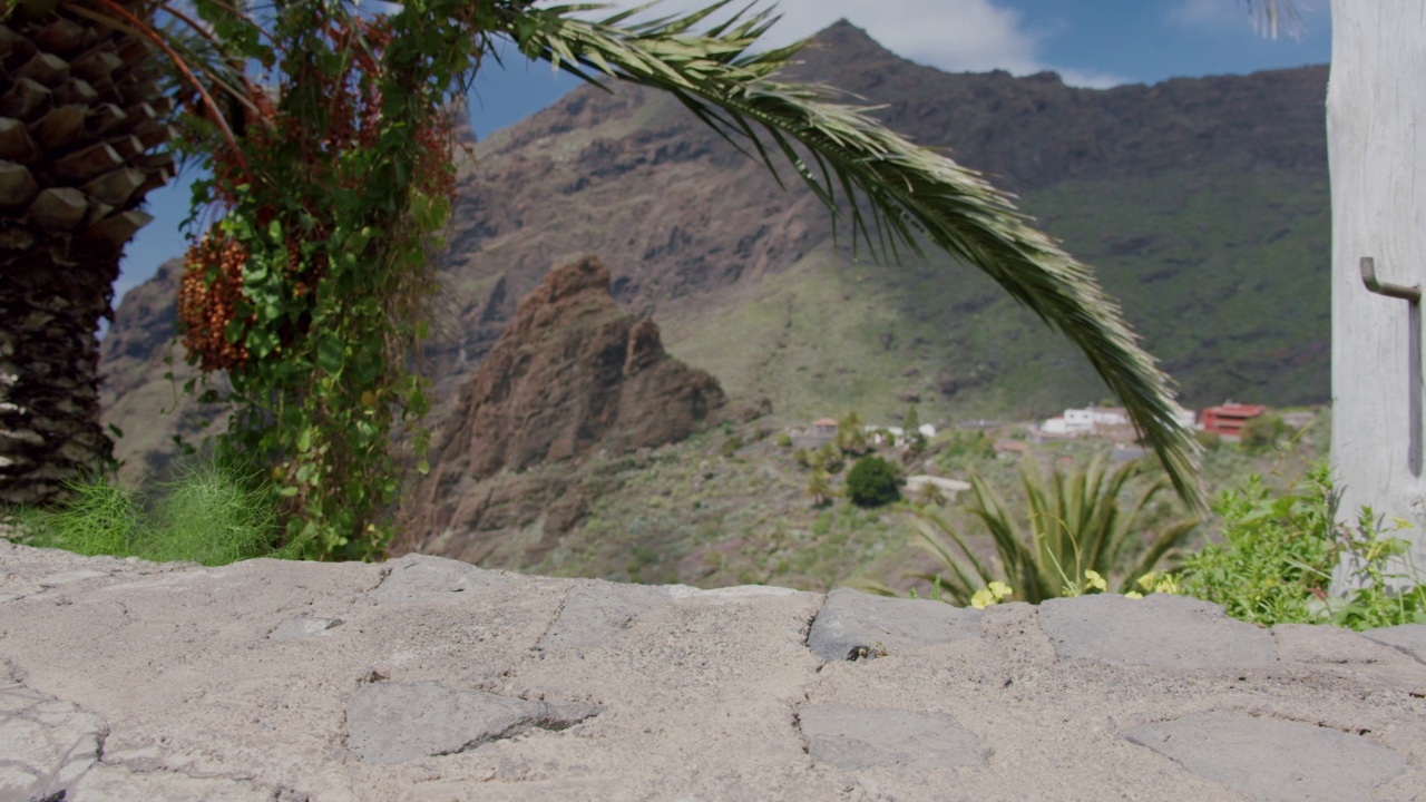 特写镜头:在加那利岛特内里费岛马斯卡峡谷村，穿着白色运动鞋的女人的脚走在小路上视频素材
