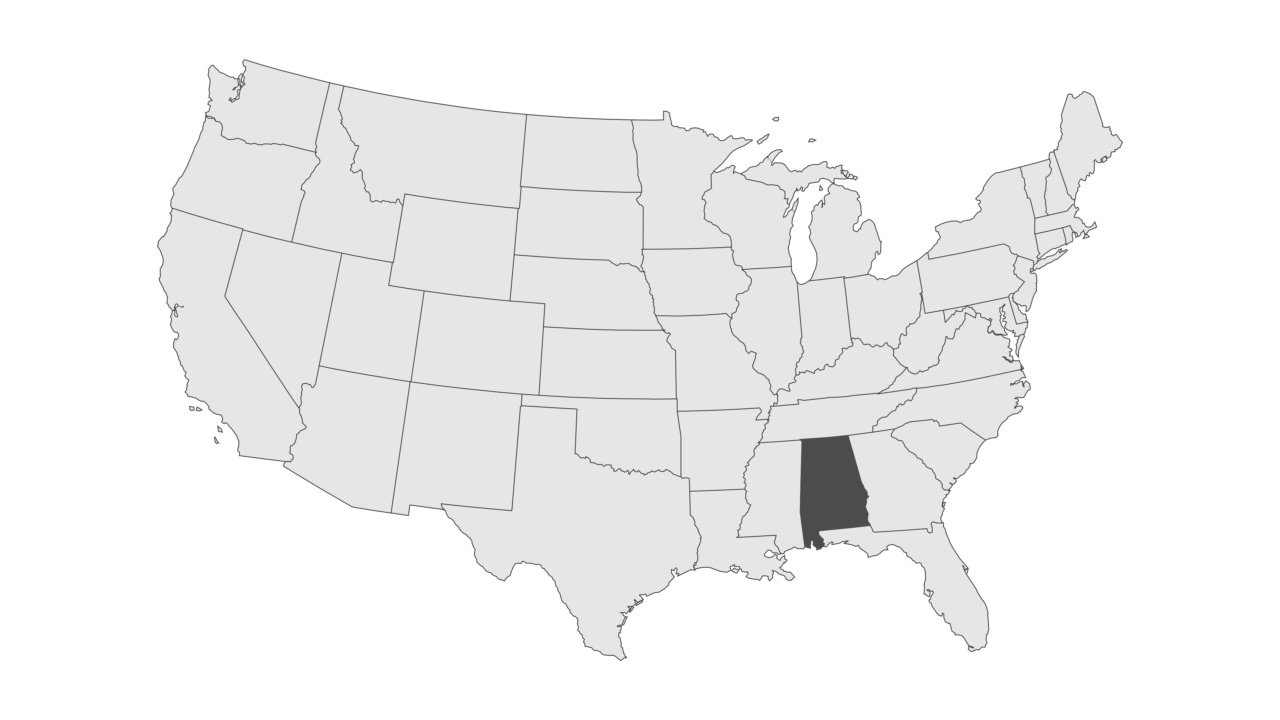 位置美国地图上的阿拉巴马州。3d州阿拉巴马旗地图标记定位销。显示不同州的美国地图。动画地图美国各州。4 k。视频视频素材