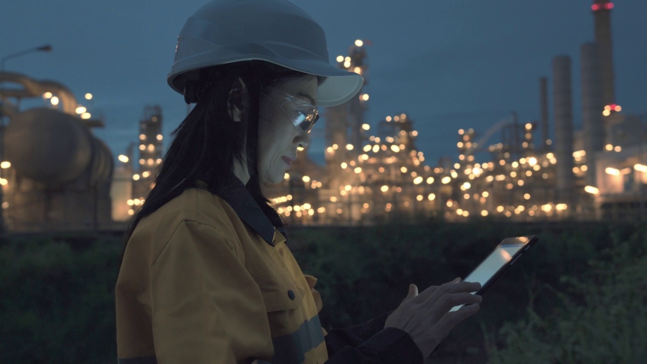 亚洲女性石油工厂和炼油厂的检查工程师在晚上用笔记本电脑工作，对检查员进行安全质量控制。视频素材