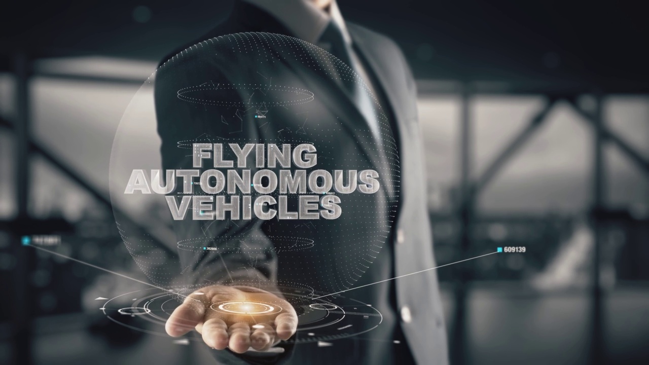 商人与飞行自动驾驶汽车全息图概念视频素材
