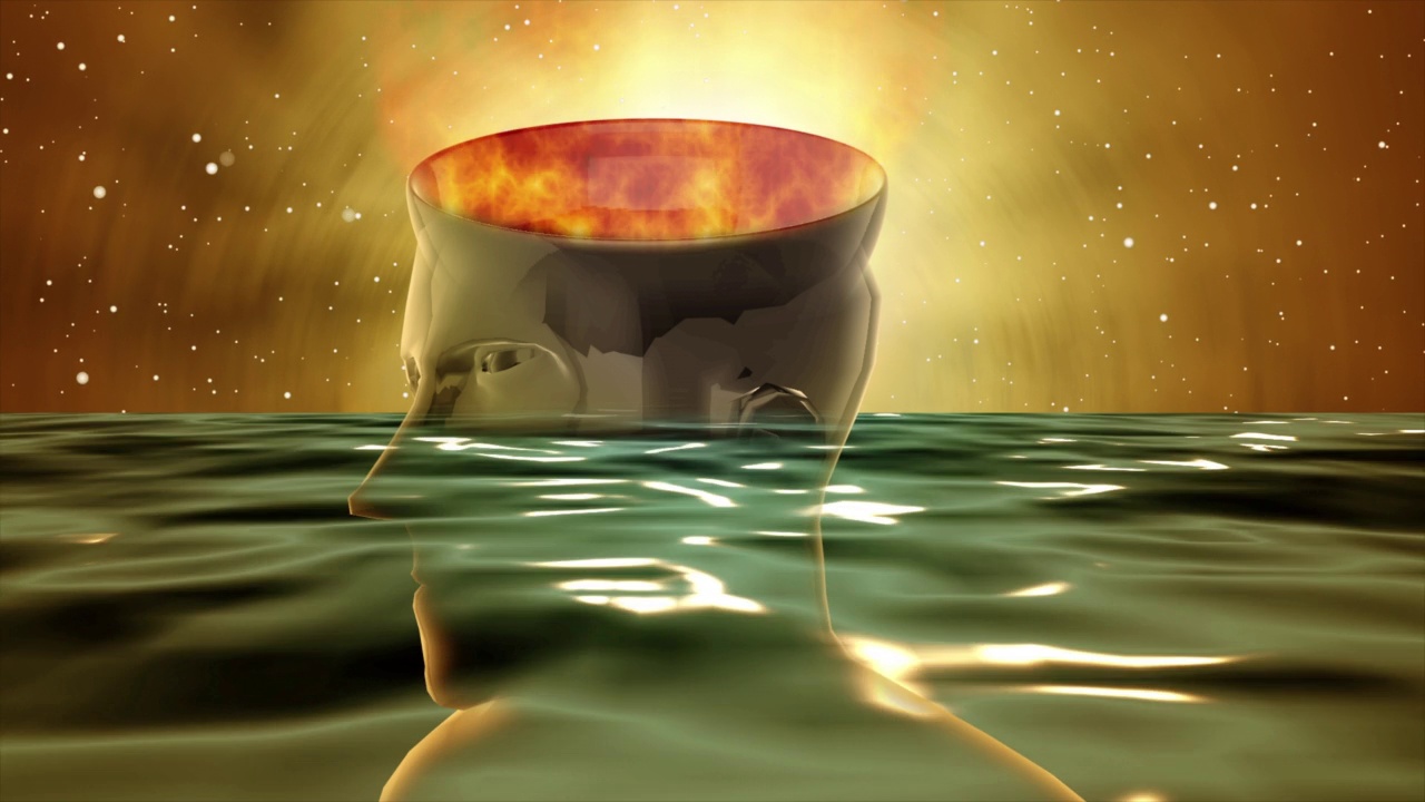 一个人的头部在海洋中溺水的3D动画与火的效果燃烧的头部和视频素材
