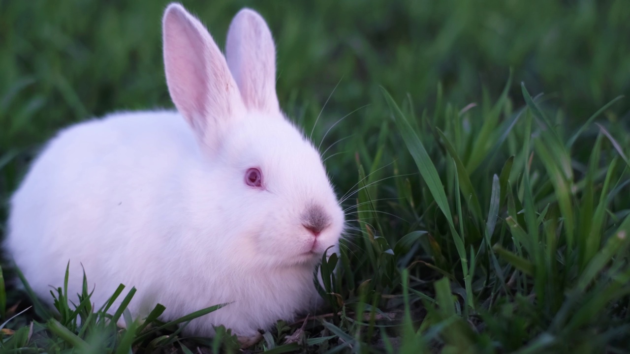 小白兔在夏天戴着草和仁。视频素材