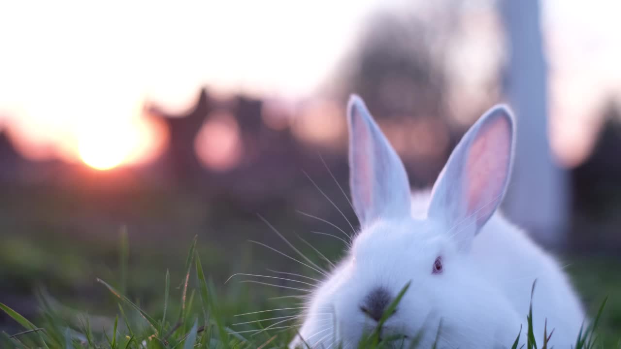 平静的小白兔坐在花园里嚼草，可爱的小白兔在夕阳下，美丽的毛绒绒的小白兔视频素材