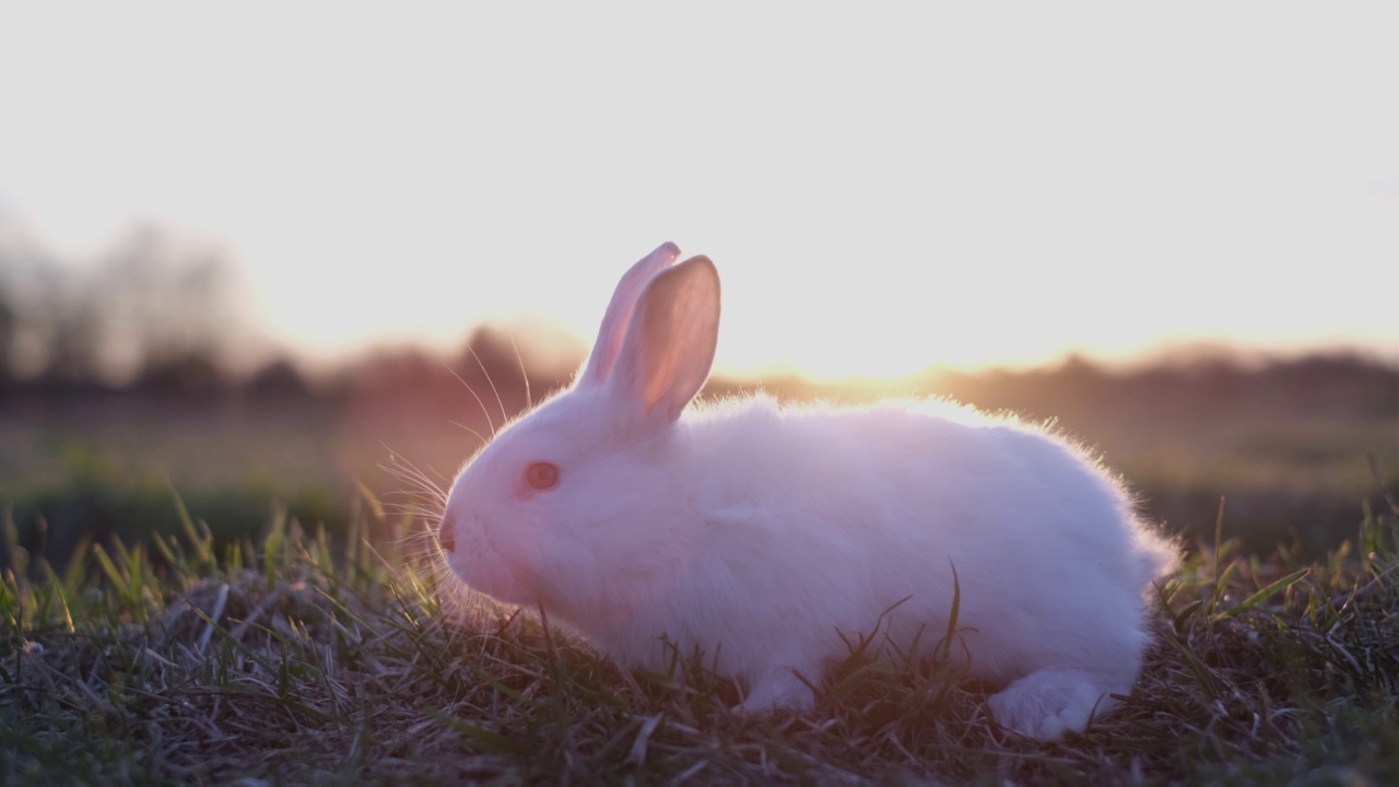 冷静可爱的小白兔坐在绿色的草地上，可爱的小兔子在夕阳下。毛茸茸的兔子视频素材