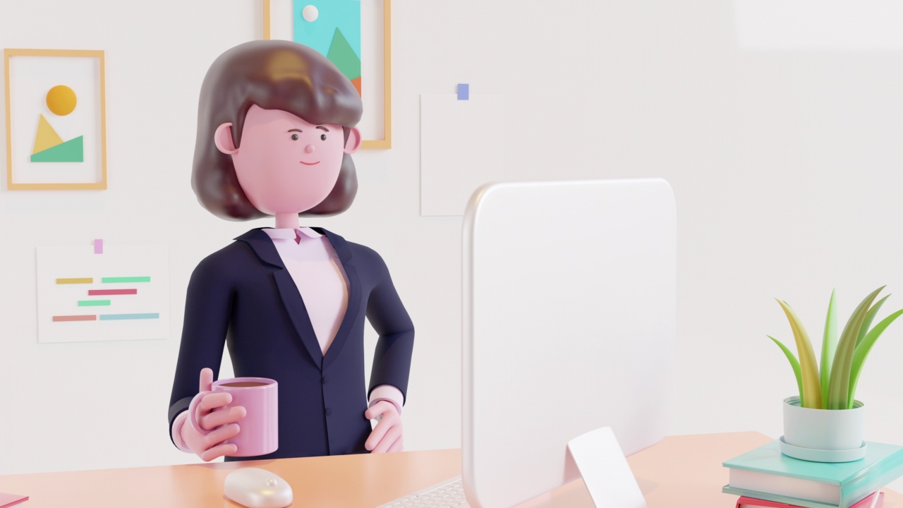 4k 3d动画卡通自信的年轻女商人喝着咖啡用电脑工作。视频素材