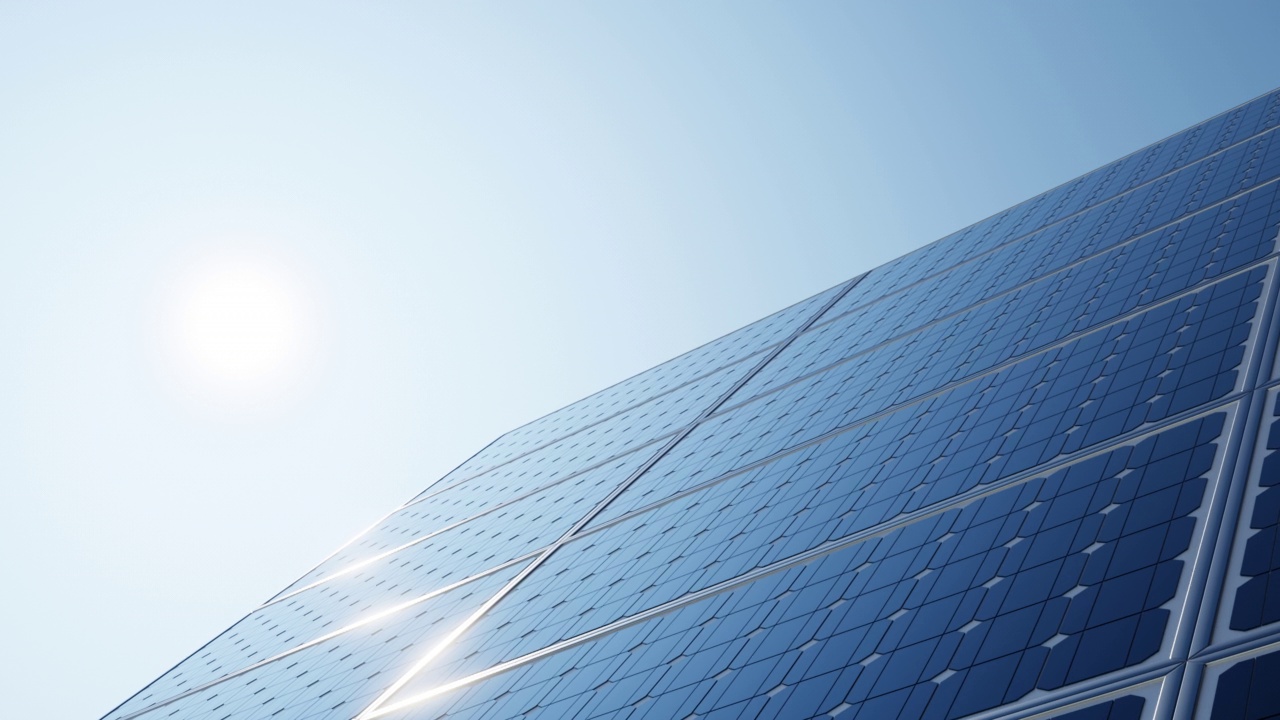 现代光伏太阳能电池发电厂的特写。一排排可持续能源太阳能电池。生态和替代能源技术概念。跟踪拍摄。视频下载