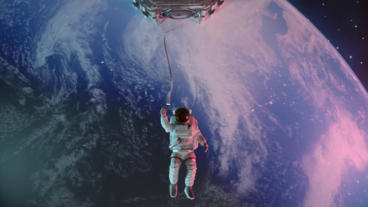 宇航员或宇航员在外太空探索与幻想空间背景和门在4K分辨率视频下载