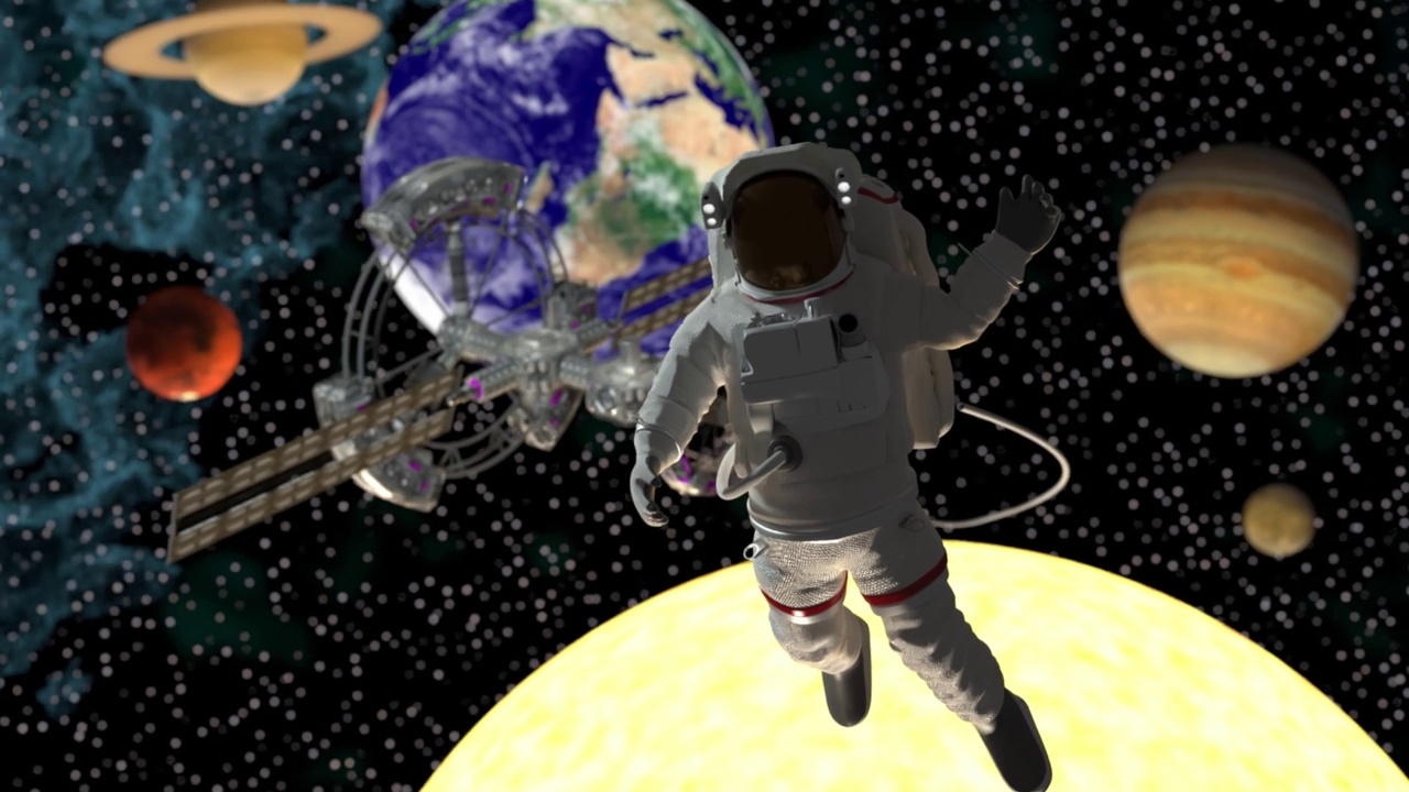 宇航员或宇航员太空行走在零重力与未来宇宙飞船在太阳系背景在4K分辨率视频下载
