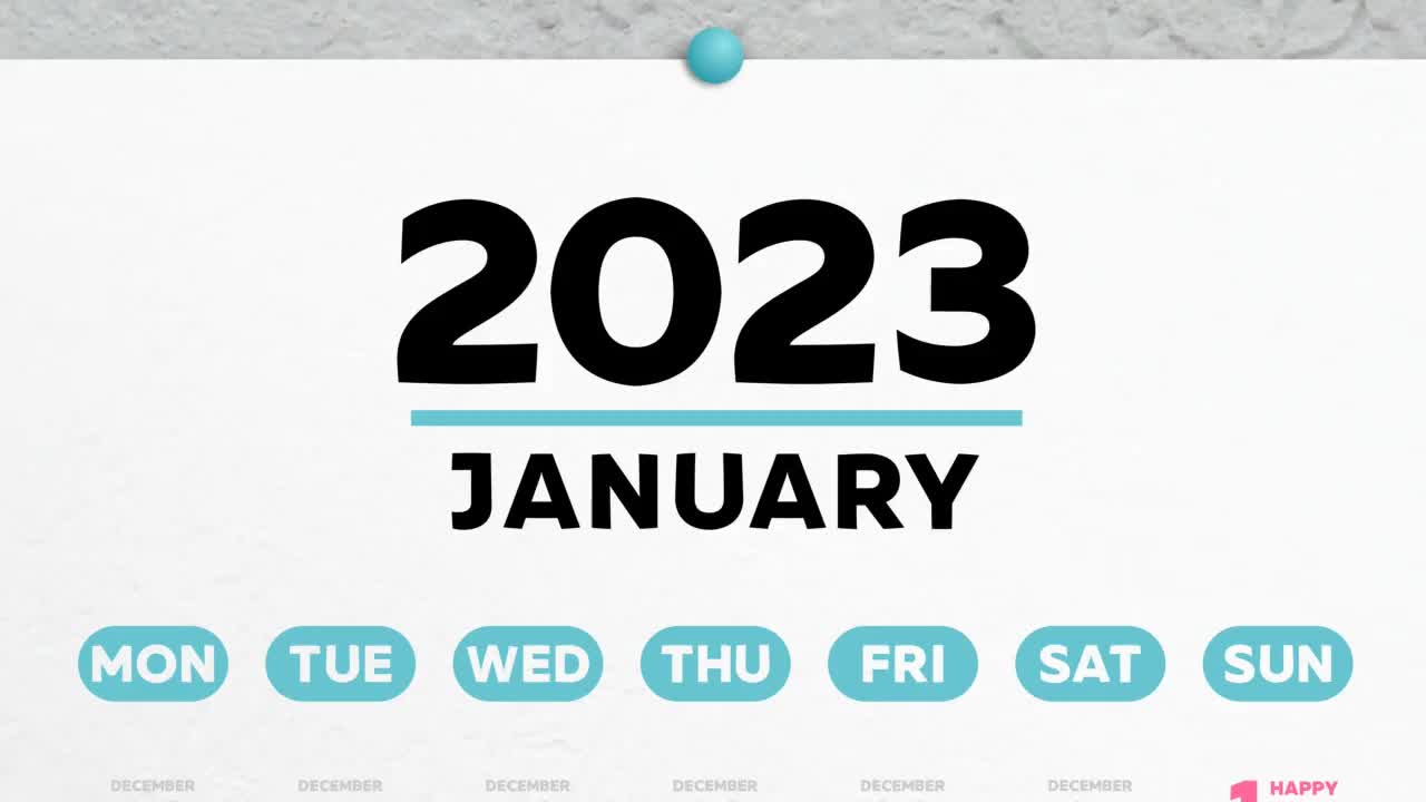 2023年1月挂历上美丽的一页特写，镜头移到上面标注的第一个新年视频素材