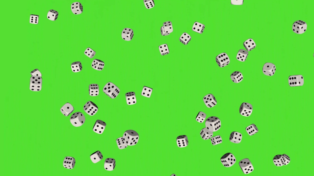 骰子雨在绿色屏幕上，色度键。三维动画视频素材