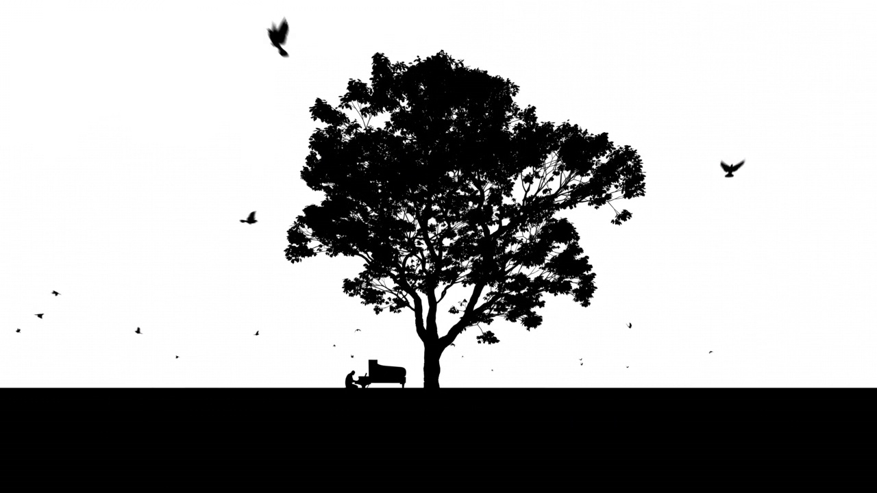 钢琴演奏者在生命之树下与鸽子飞翔，4K剪影视频下载