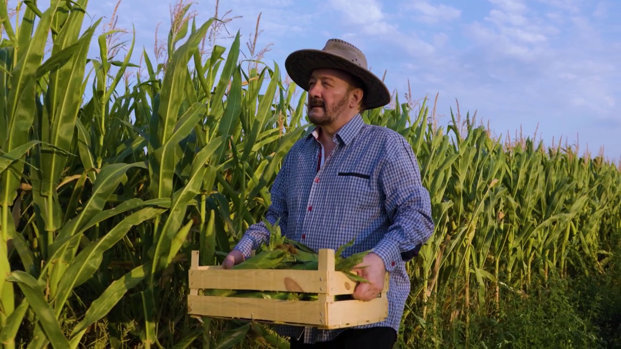 前面的看法，一个年迈的美国农民走在玉米田，手中拿着一盒作物。视频下载