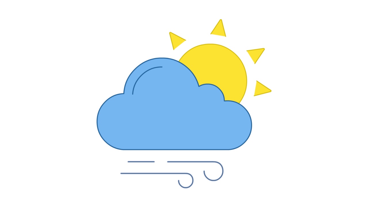 太阳，云和风吹在蓝天线艺术矢量动画。阳光、多云、大风天气预报、气象学简单轮廓图图标视频。晴天阴天运动图形视频下载