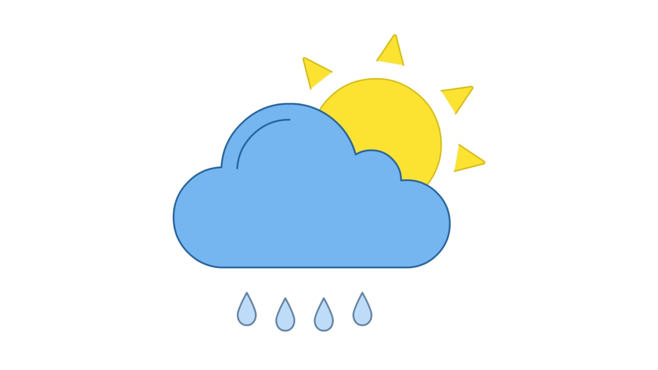 太阳，云和雨滴黄色和蓝色的线艺术矢量动画。阳光、阴雨天气预报，简单的气象学轮廓图图标视频。风暴和降水阴天运动图形视频下载