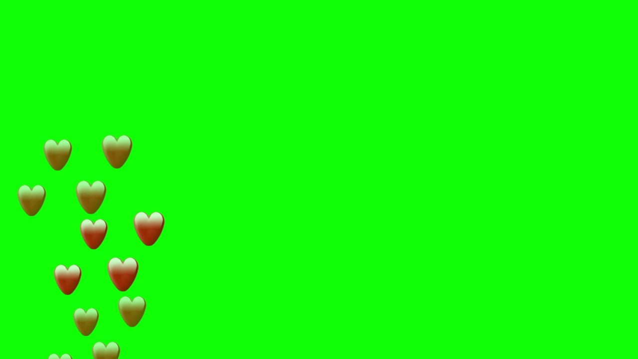 绿色屏幕上的4K社交媒体动画心脏，绿色色度键上的动画从底部进入，合成和运动设计的信使概念。视频素材