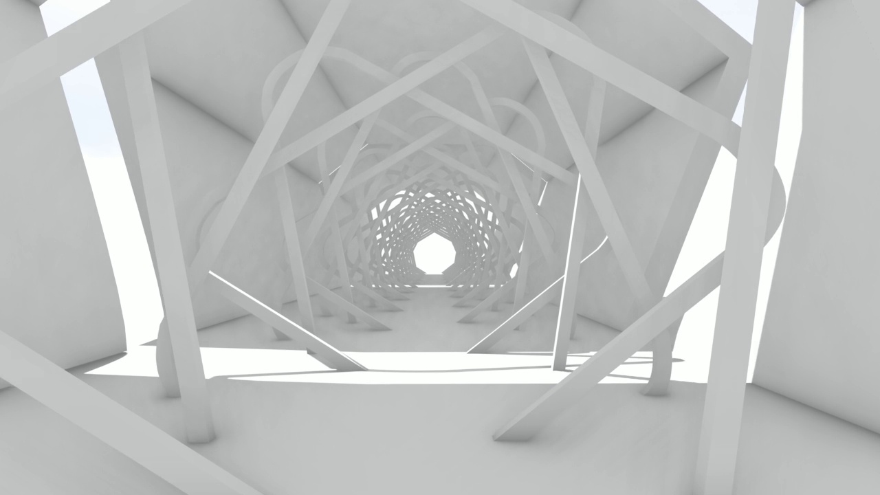穿越到未来主义的白色与抽象的建筑在宽敞的内部。视频素材