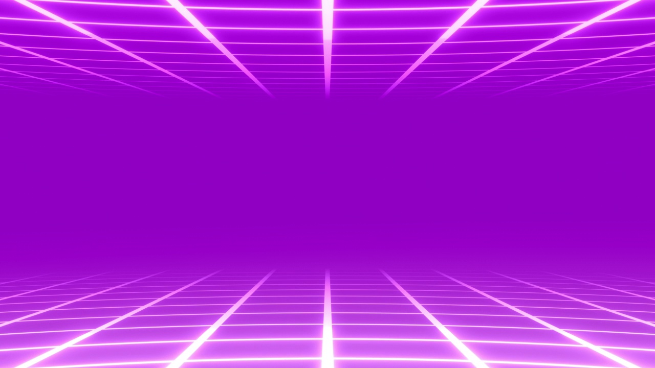 紫色80年代复古霓虹灯透视网格图案动画。未来抽象发光合成波赛博朋克线框背景。无缝循环。4 k。视频素材