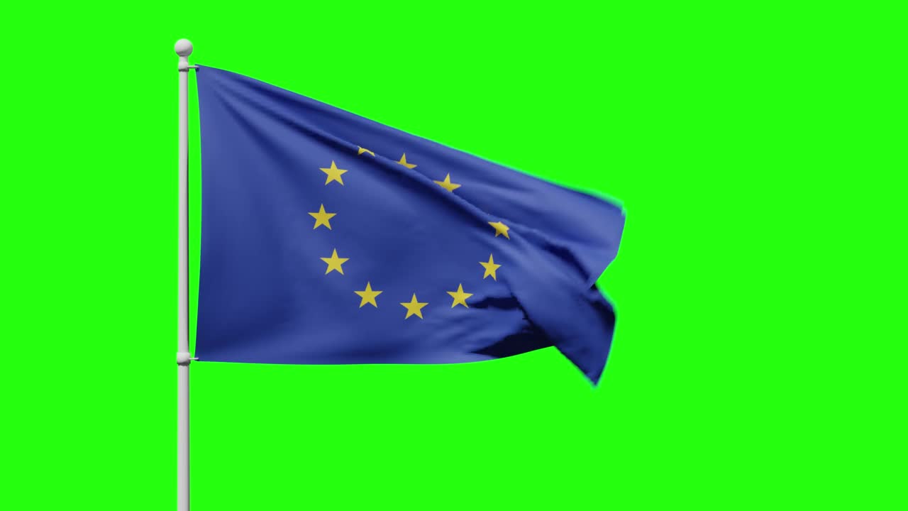带有金色星星的欧盟旗帜迎风飘扬在绿色屏幕或色度键上视频下载